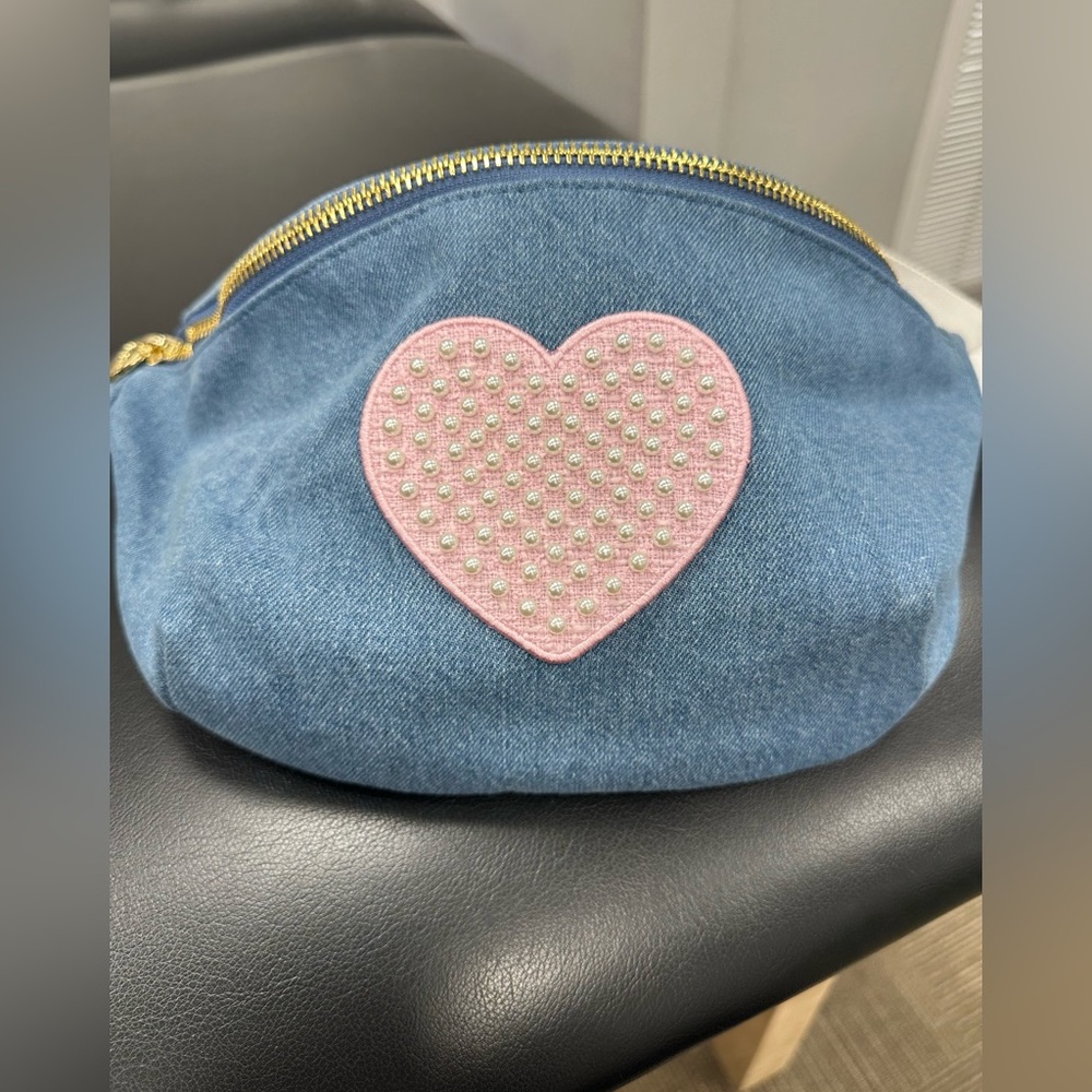 Denim Stoneycloverlane (SCL) jumbo Denim Pouch with Jumbo pink pearl heart.